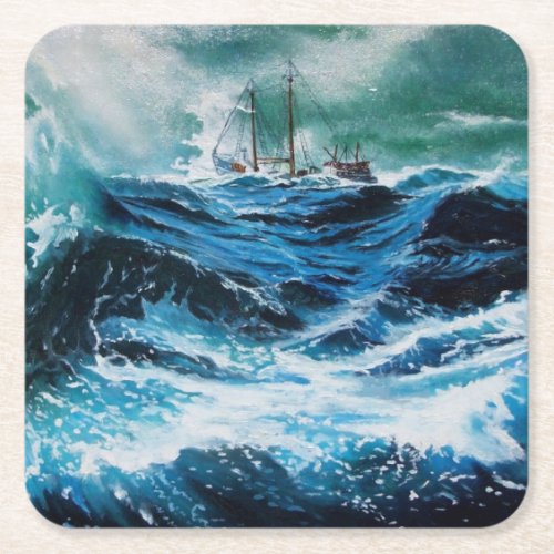Ship In the Sea in Storm Square Paper Coaster