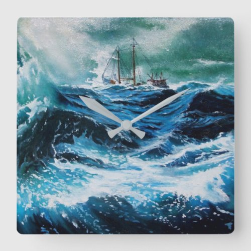 Ship In the Sea in Storm Square Wall Clock