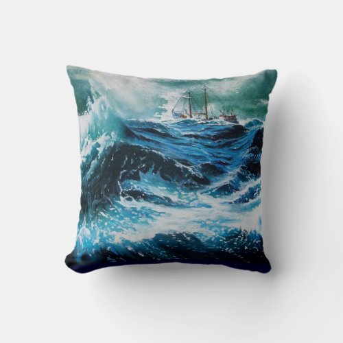 Ship In the Sea in Storm Throw Pillow
