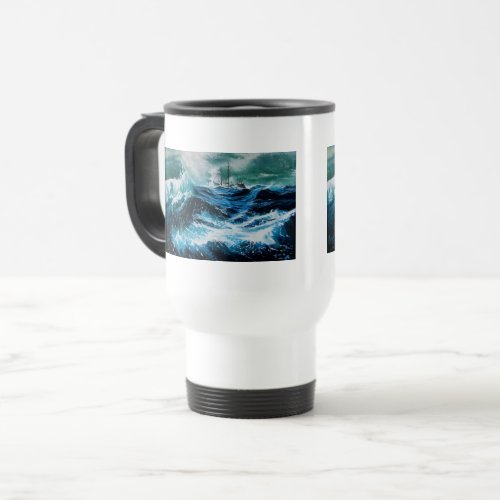 Ship In the Sea in Storm Travel Mug