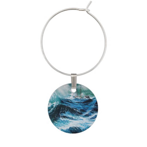 Ship In the Sea in Storm Wine Glass Charm