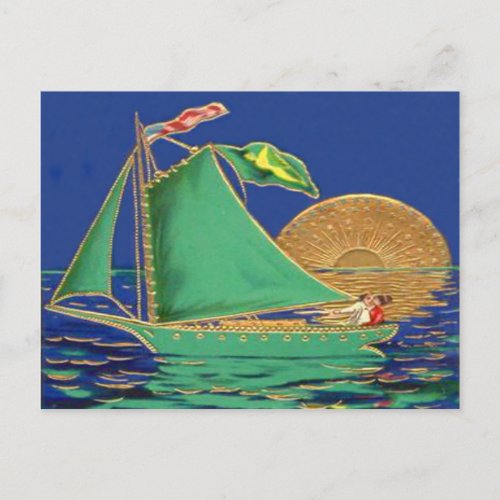 Ship Irish Flag American Flag Sun Boat Postcard