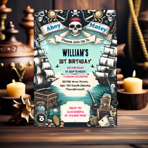 Ship Kids Cool Flag Boat Pirate 1st Birthday Invitation