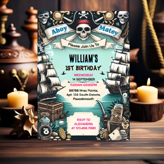 Ship Kids Cool Flag Boat Pirate 1st Birthday Invitation