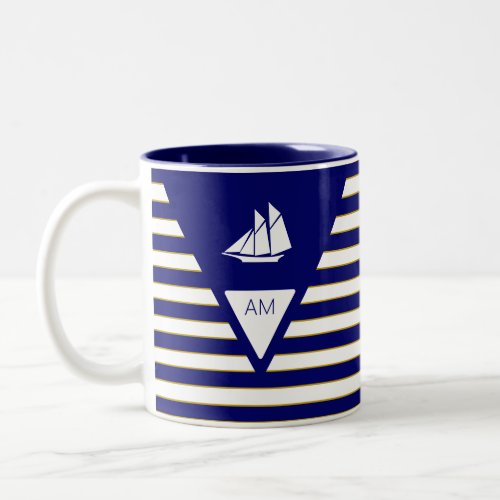 Ship  Monogram on Blue  White Striped Two_Tone Coffee Mug