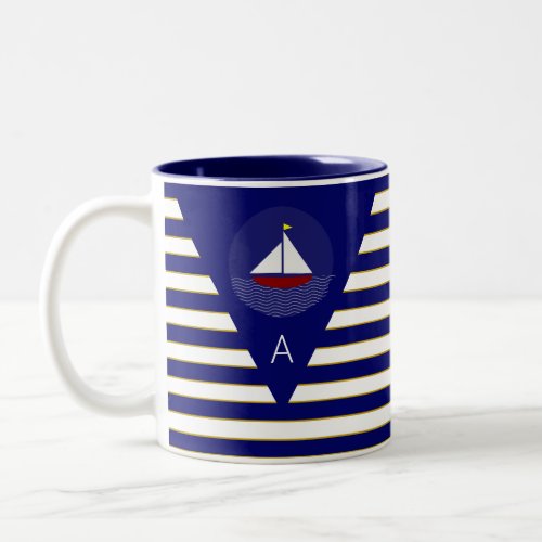 Ship  Monogram on Blue  White Striped Two_Tone Coffee Mug