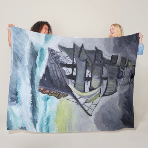 Ship on a stormy sea Oil painting on canvas Fleece Blanket