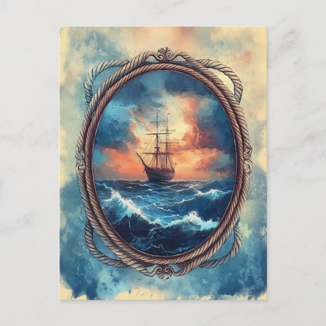 Ship on Stormy Sea Rope Border Art Postcard (Front)