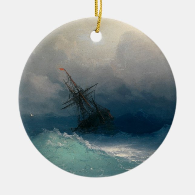 Ship on Stormy Seas Ceramic Ornament (Front)