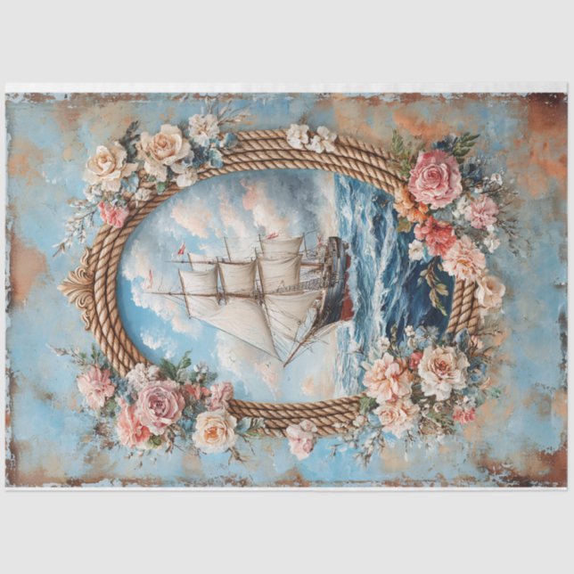 Ship Painting Rope Frame Roses Decoupage Tissue Paper (Front)