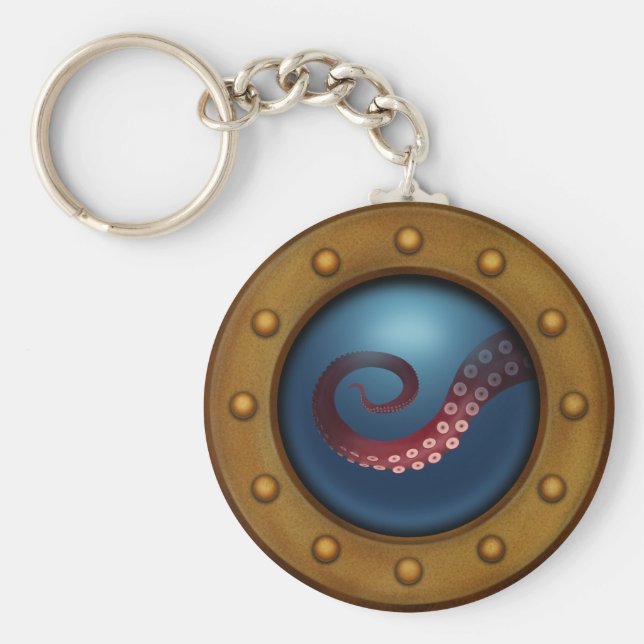 Ship Porthole Deep Sea Explorer Octopus Steampunk Keychain (Front)
