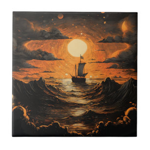 Ship sailing in the night ceramic tile