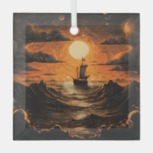 Ship sailing in the night glass ornament