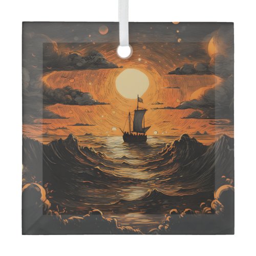 Ship sailing in the night  glass ornament