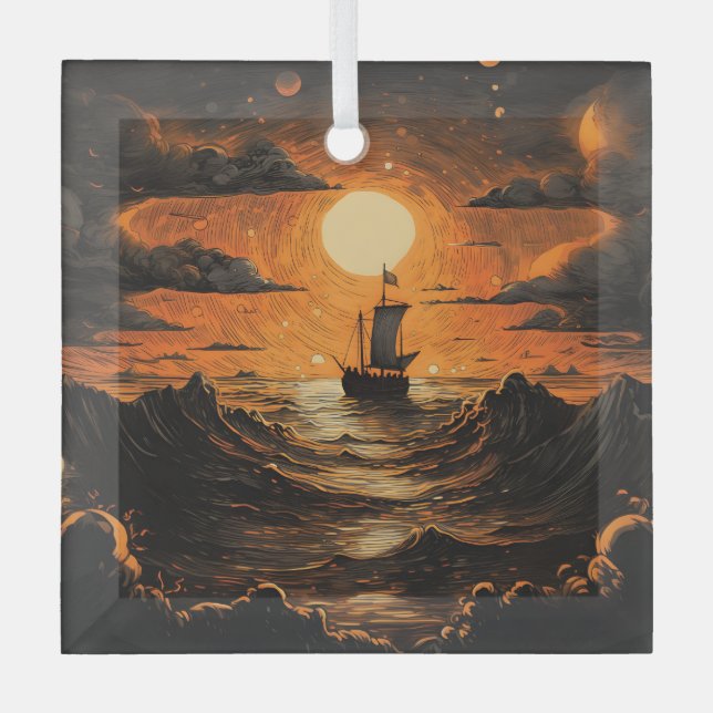 Ship sailing in the night  glass ornament (Front)