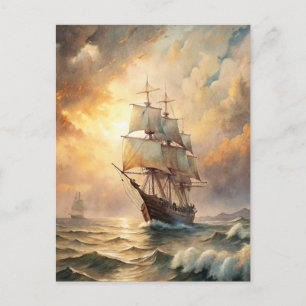 Ship Sailing Ocean Waves Sunset Nautical Sea Postcard
