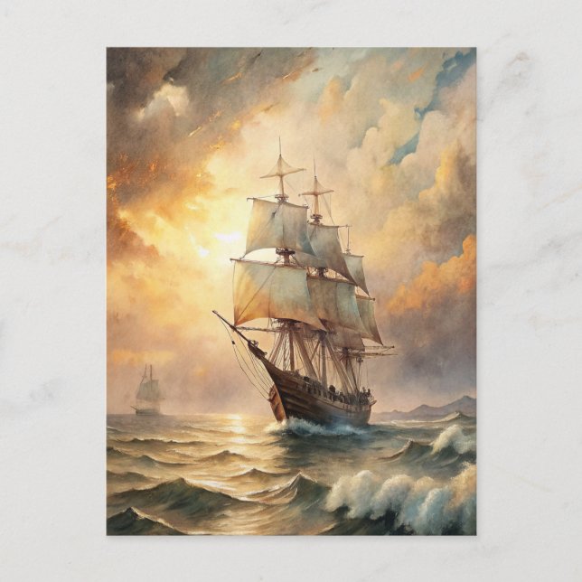 Ship Sailing Ocean Waves Sunset Nautical Sea Postcard (Front)