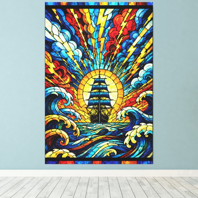 Ship Sailing Through Storm Canvas Print (Insitu(Wood Floor))