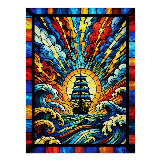 Ship Sailing Through Storm Poster (Front)