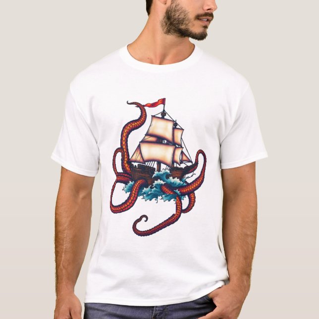 Ship vs Kraken Tattoo Art T-Shirt (Front)