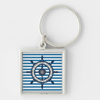 Ship Wheel Blue and White Stripe Keychain