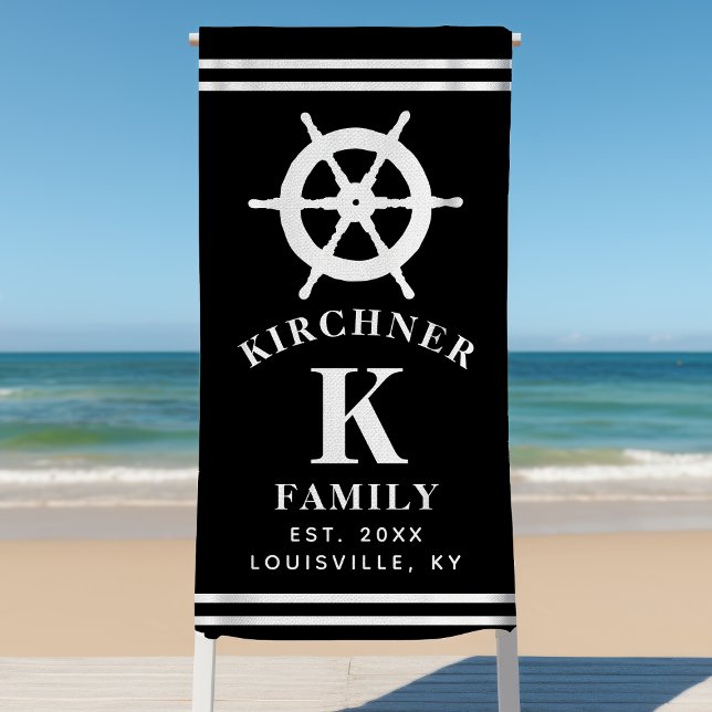 Ship Wheel Boating Boat Captain Family Name Black Beach Towel (Creator Uploaded)