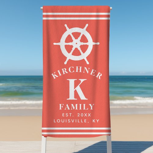 Beach Towels 11 Ship Wheel Boating Boat Captain Family Name Coral Beach Towel