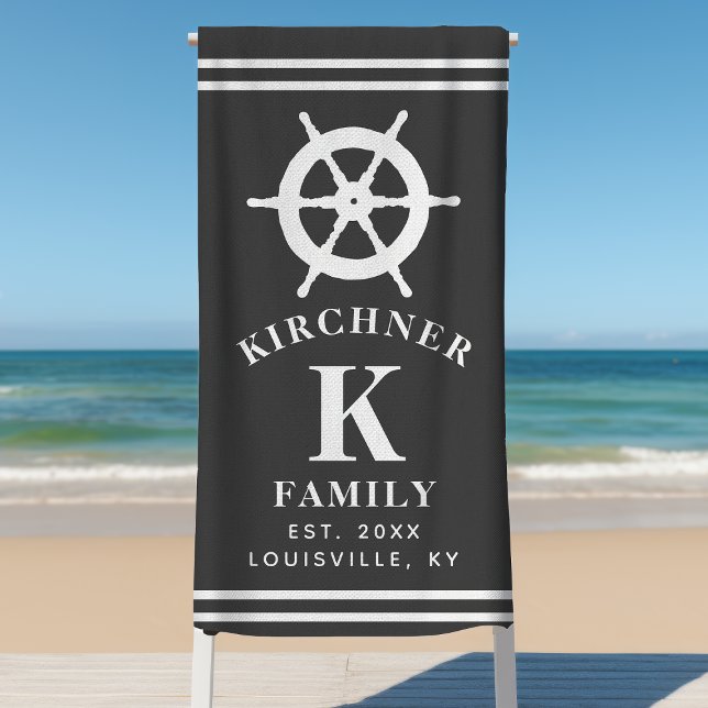 Ship Wheel Boating Boat Captain Family Name Gray Beach Towel (Creator Uploaded)