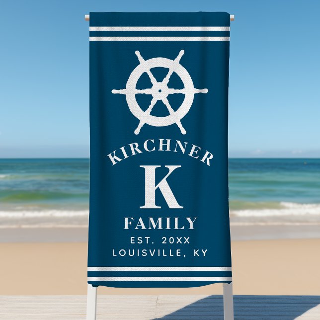 Ship Wheel Boating Boat Captain Family Name Navy Beach Towel (Creator Uploaded)