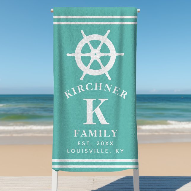 Ship Wheel Boating Boat Captain Family Name Teal Beach Towel (Creator Uploaded)
