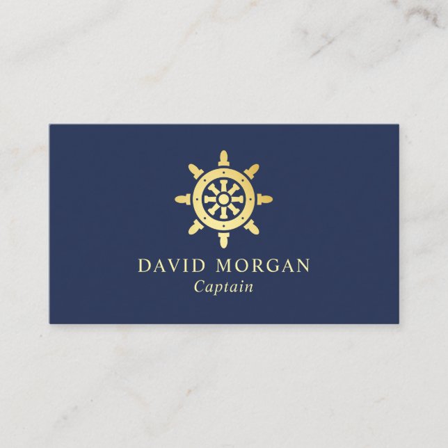 Ship Wheel Logo Boat Captain Navy And Gold  Business Card (Front)
