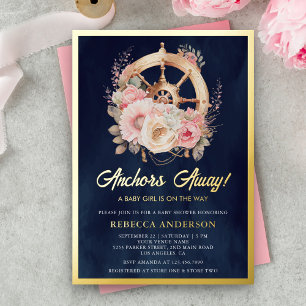 Ship Wheel Nautical Girl Baby Shower Navy Gold Foil Invitation