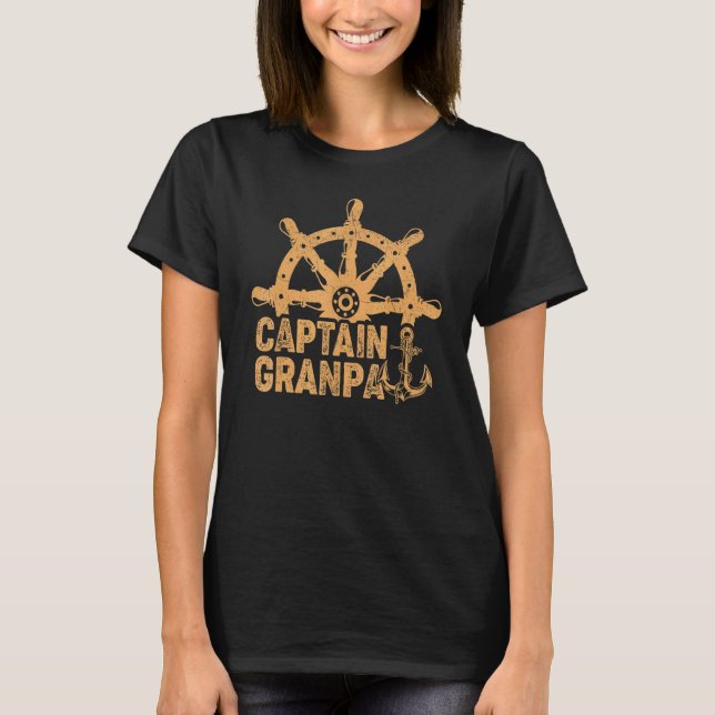 Ship Wheel Pontoon Boat  Captain Grandpa T-Shirt (Front)