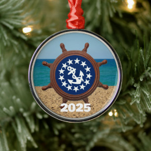 Ship Wheel, Yacht Flag, Sand, Sea, Sky Metal Ornament