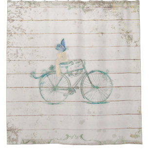 Shiplap White Wooden Wood Victorian Bicycle Art Shower Curtain