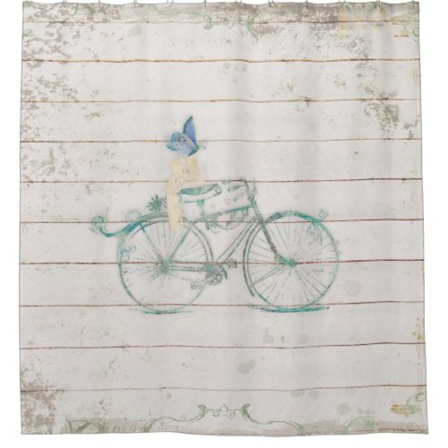 Shiplap White Wooden Wood Victorian Bicycle Art Shower Curtain