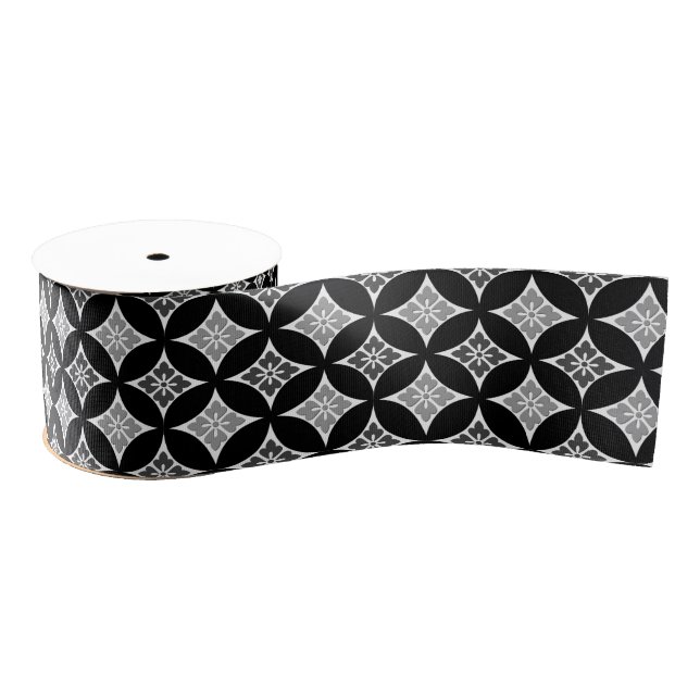 Shippo with Flower Motif, Black, White and Gray Grosgrain Ribbon (Spool)