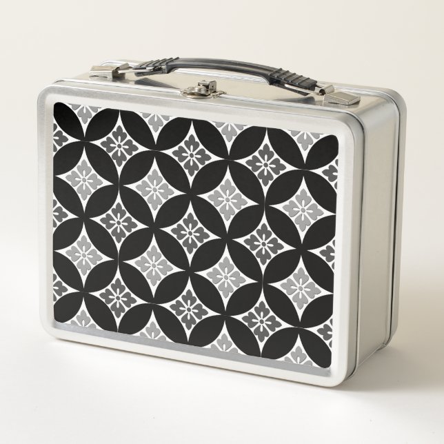 Shippo with Flower Motif, Black, White and Gray Metal Lunch Box (Front)