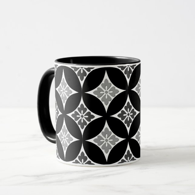 Shippo with Flower Motif, Black, White and Gray Mug (Front Left)