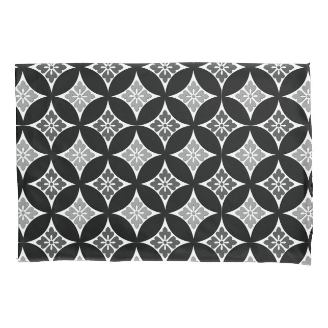 Shippo with Flower Motif, Black, White and Gray Pillowcase (Front)