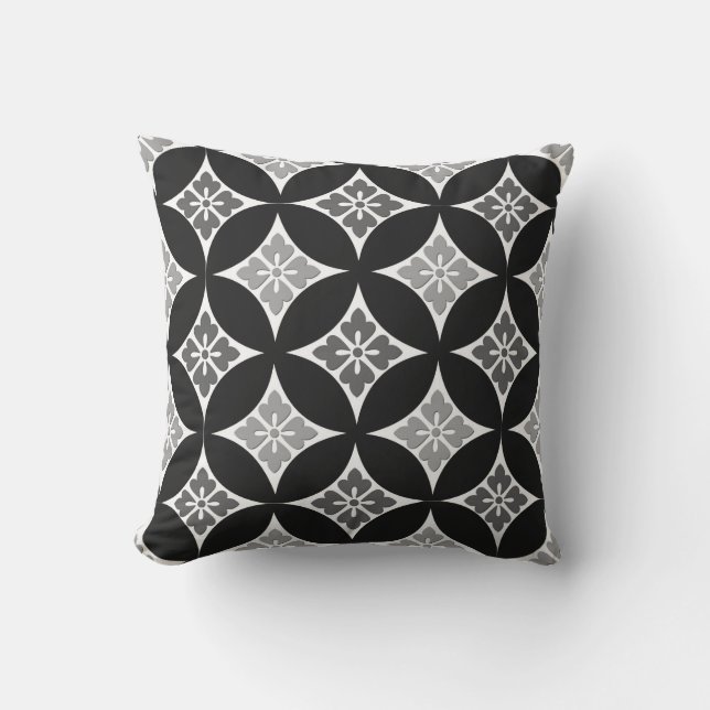 Shippo with Flower Motif, Black, White and Gray Throw Pillow (Front)