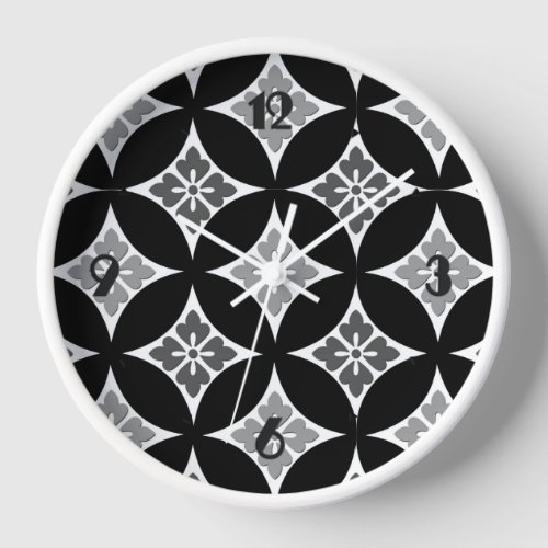 Shippo with Flower Motif Black White and Gray Wall Clock
