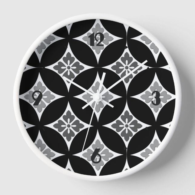 Shippo with Flower Motif, Black, White and Gray Wall Clock (Front)