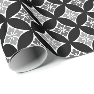 Shippo with Flower Motif, Black, White and Gray Wrapping Paper