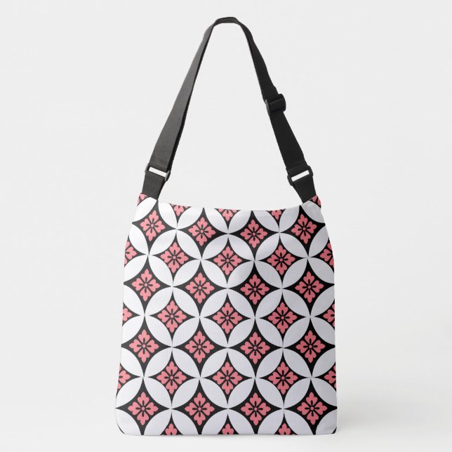 Shippo with Flower Motif, Black, White and Pink Crossbody Bag (Front)