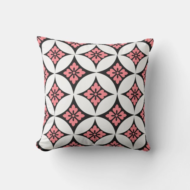 Shippo with Flower Motif, Black, White and Pink Throw Pillow (Front)