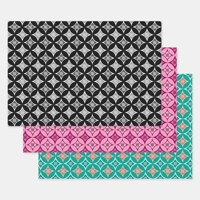 Shippo with Flower Motif, Black, Wine,Turquoise Wrapping Paper Sheets (Set)