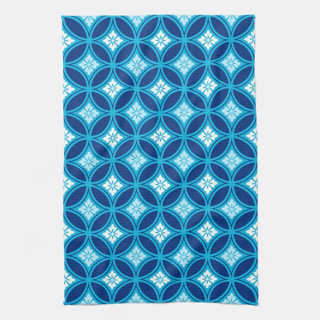 Shippo with Flower Motif, Deep Indigo Blue  Kitchen Towel (Vertical)