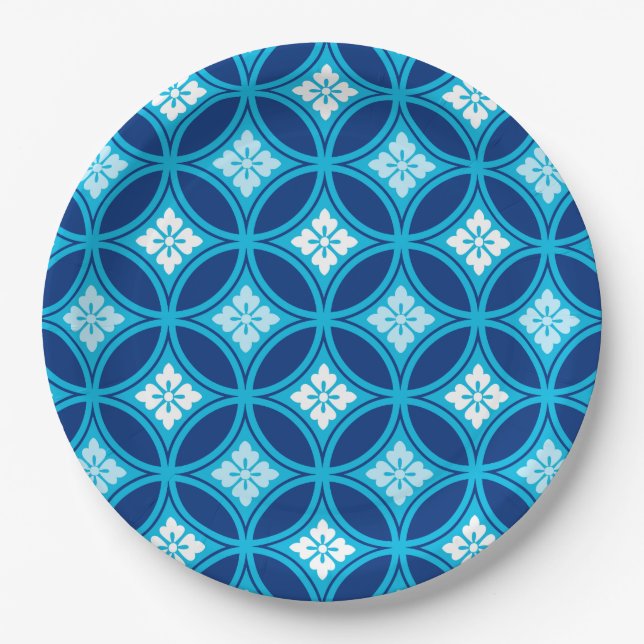 Shippo with Flower Motif, Deep Indigo Blue Paper Plates (Front)