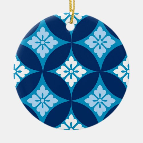 Shippo with Flower Motif Indigo Blue and White   Ceramic Ornament